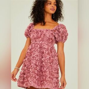 Altar'd State Baby Doll Pink 3D Textured Rosette Mini Dress w/Puff Sleeves LARGE